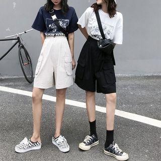 Cartoon Print Short-sleeve T-shirt / High Waist Cargo Shorts