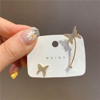 Butterfly Rhinestone Asymmetrical Alloy Cuff Earring 1 Pair - Cuff Earring - Asymmetrical Butterfly - Silver - One Size
