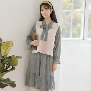 Set: Plain / Plaid Long-sleeve A-line Dress + Knit Vest