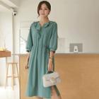 3/4-sleeve Ruffled Long Dress With Sash