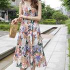 Tie-strap Floral Long Pinafore Dress Ivory - One Size