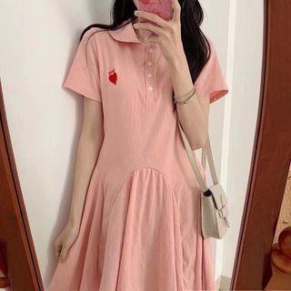 Short-sleeve Heart Embroidered Mini Collared Dress