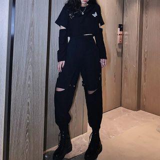 Short-sleeve Butterfly Print T-shirt / Detachable-leg Cargo Pants / Set
