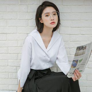 Pinstriped Sailor Collar 3/4-sleeve Double-breasted Shirt