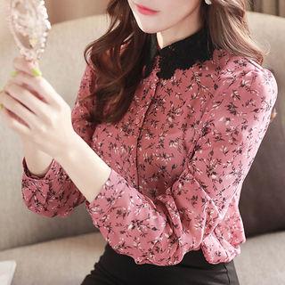 Lace-collar Floral Chiffon Top Pink - One Size