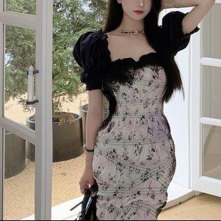 Short-sleeve Floral Midi Dress Black & White - One Size