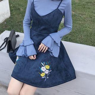 Plain Bell-sleeve T-shirt / Suede Leather Flower Embroidered Slipdress