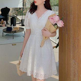 Puff-sleeve V-neck Eyelet A-line Dress