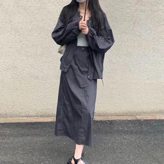 Zip Up Jacket / Midi A-line Skirt