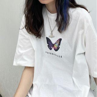 Short-sleeve Butterfly Printed T-shirt White - One Size