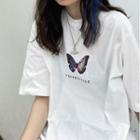 Short-sleeve Butterfly Printed T-shirt White - One Size