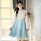 Long-sleeve Embroidery Tulle-overlay Dress