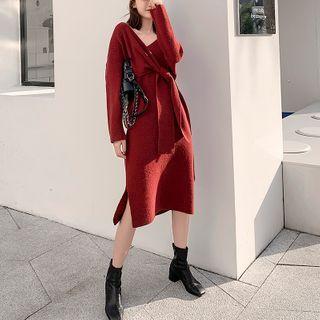 Long-sleeve Tie-strap Midi Knit Dress Wine Red - One Size