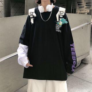 Long-sleeve Lettering Two Tone Top