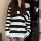 One-shoulder Striped Sweater Stripe - Black & White - One Size