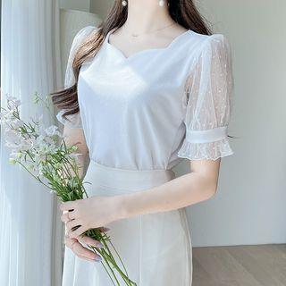 Tulle-sleeve Sweetheart Blouse