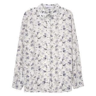 Long-sleeve Floral Printed Chiffon Shirt White - One Size
