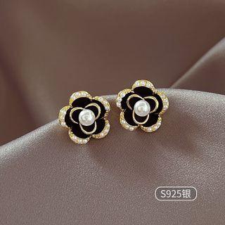 Flower Faux Pearl Alloy Earring 1 Pair - Gold & Black - One Size