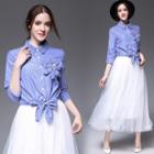 Set: 3/4-sleeve Striped Shirt + A-line Midi Skirt