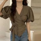 Puff-sleeve Wrap Blouse Brown - One Size