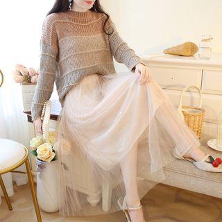 Set: Color Block Sweater + Pleated Mesh A-line Midi Skirt