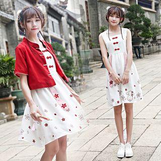 Set: Embroidered Sleeveless Dress + Cropped Short Sleeve Cheongsam Top