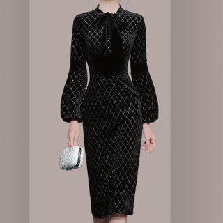 Puff-sleeve Argyle Print Velvet A-line Dress