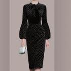 Puff-sleeve Argyle Print Velvet A-line Dress