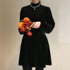 Mock-turtleneck Balloon-sleeve A-line Dress