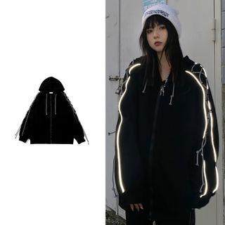 Long Sleeve Lace Up Reflective Line Hooded Jacket