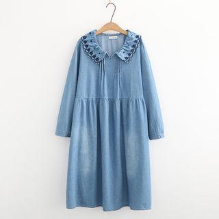 Long-sleeve Denim Midi A-line Dress Blue - One Size