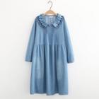 Long-sleeve Denim Midi A-line Dress Blue - One Size