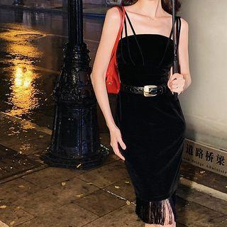 Sleeveless Plain Fringed Velvet Dress