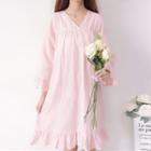 3/4-sleeve Ruffle-trim A-line Dress Pink - One Size