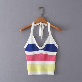 Halter-neck Striped Knit Top White - One Size