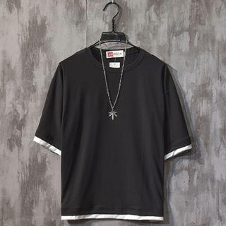 Mock Two-piece Contrast Color Elbow-sleeve T-shirt