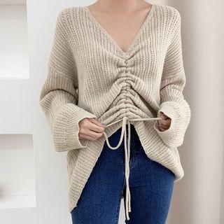 V-neck Ruched Ribbed Sweater