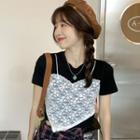 Mock Two-piece Short-sleeve Lace Panel Cropped T-shirt