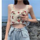 Floral Embroidered Cropped Knit Tank Top / Wide-leg Jeans