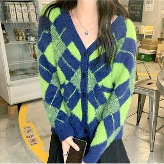 Argyle Knit V-neck Cardigan Green & Navy Blue - One Size