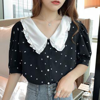 Dotted Collared Puff-sleeve Blouse