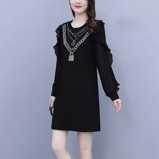 Long-sleeve Rhinestone Ruffle A-line Dress