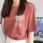 Elbow-sleeve Meercat Print T-shirt Dark Pink - One Size