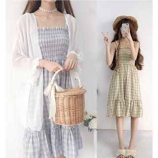 Spaghetti-strap Plaid Dress / Wide-sleeve Light Jacket