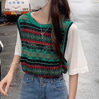 Mock Two-piece Short-sleeve Patterned Knit Top Green - One Size