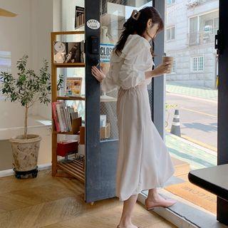 Band-waist Seam-trim Swing Skirt Light Beige - One Size