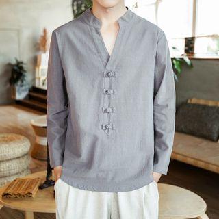 V-neck Frog-button Detail Long-sleeve T-shirt