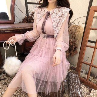Set: Lace Collar Tiered Mesh Dress + Slipdress + Belt