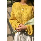 Bishop-sleeve Cable Sweater Yellow - One Size