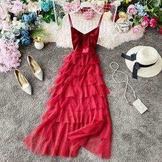 Spaghetti Strap Mesh Midi A-line Tiered Dress